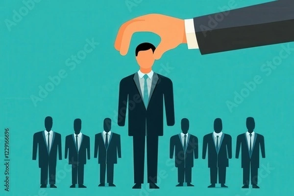 Fototapeta Career growth recruiter concept. Hand selecting a standout business professional from a group of suited figures.