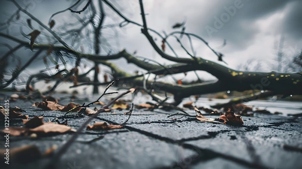 Fototapeta Close-up of a broken tree branch lying on cracked pavement, symbolizing decay and nature’s resilience.
