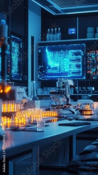 Fototapeta Modern Laboratory with High-Tech Equipment and Illuminated Flask Setup