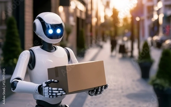 Obraz Futuristic delivery robot carrying a package on a city street during sunset, people walking in background