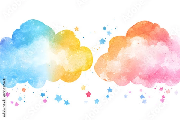 Fototapeta Whimsical watercolor illustration of two gentle clouds in pastel colors, surrounded by colorful stars, creating dreamy and playful atmosphere