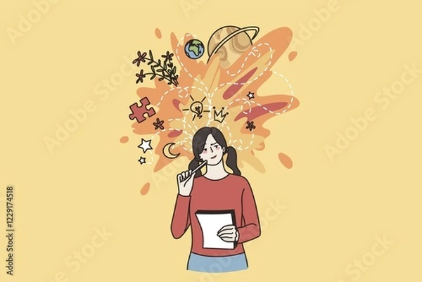 Fototapeta Young woman hold paper think or visualize ideas, brainstorm contemplating. Millennial girl student write in notebook, engaged in creative thinking. Inspiration, visualization. Vector illustration