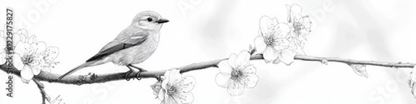 Fototapeta A black and white photograph of a bird sitting on a branch, great for use in illustrations or designs