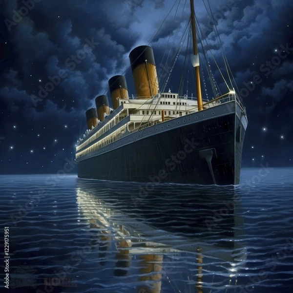Fototapeta Journey of the Titanic in the Atlantic on a starry night and calm sea, AI generated
