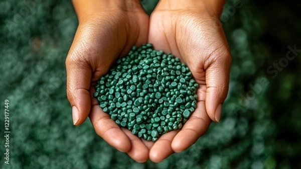 Obraz Hands gently holding a handful of green biodegradable plastic pellets, highlighting eco-friendly alternatives to traditional plastics for a sustainable future.