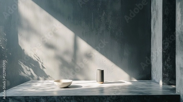 Fototapeta Minimalist room with a single cup on a table