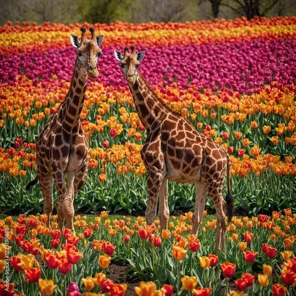 Obraz A giraffe and her calf walking through a garden of colorful tulips.