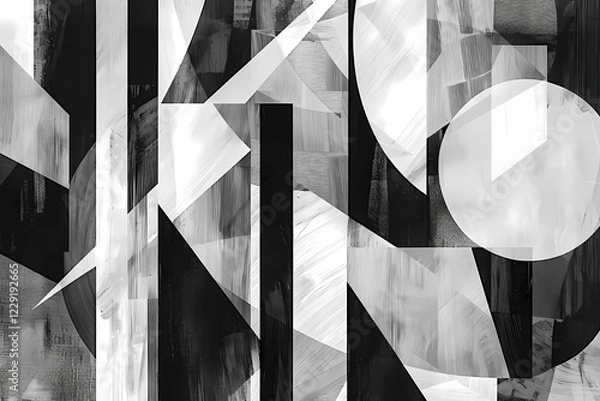Fototapeta Dynamic abstract composition with monochrome geometric shapes intersecting, illustration, AI generated