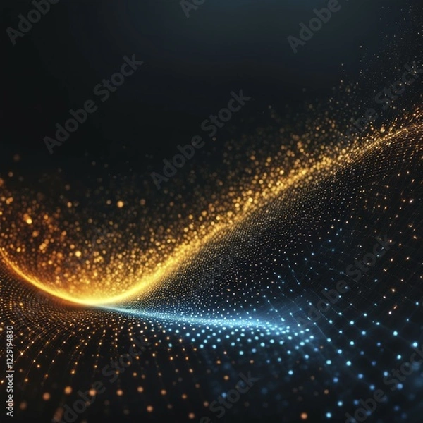 Fototapeta A mesmerizing wave of glowing blue and orange particles on a dark background, creating a futuristic atmosphere, AI generated
