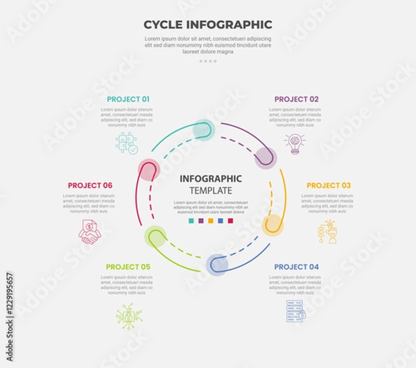 Fototapeta cycle base infographic outline style with 6 point template with round circle with circle on edge and dotted line for slide presentation