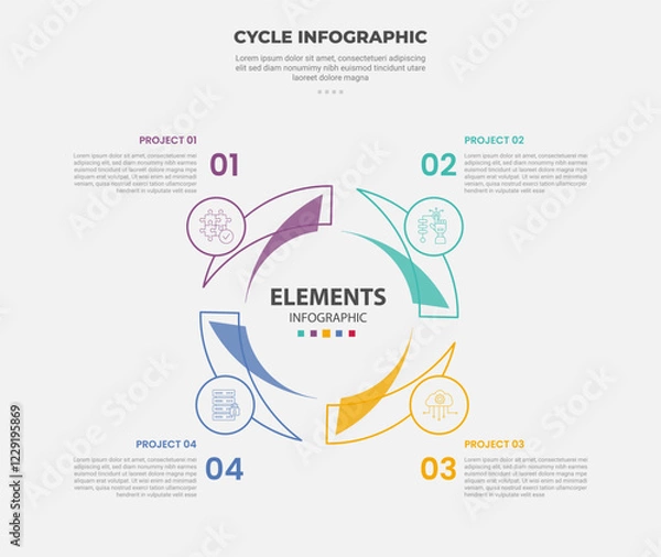 Fototapeta cycle base infographic outline style with 4 point template with creative circle with circle badge on center for slide presentation