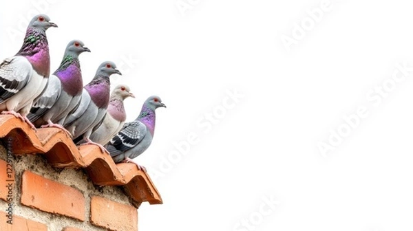 Fototapeta Colorful Pigeons Perched on a Rooftop Edge Against White Background