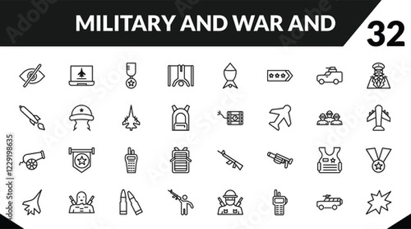 Obraz outline military and war and icons set. editable linear computer, in, torture, and other 29 icons in this category isolated on transparent background.