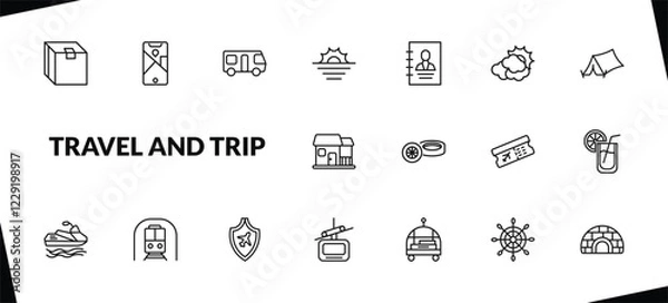 Fototapeta outline travel and trip icons set. editable linear mobile map, motorhome, sun, and other 15 icons in this category isolated on transparent background.