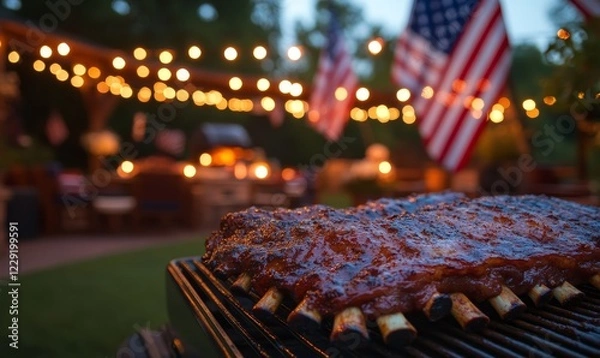 Fototapeta Glowing 4th of July BBQ Celebration with Grilled Ribs and USA Flags in a Festive Backyard Setting at Twilight, 