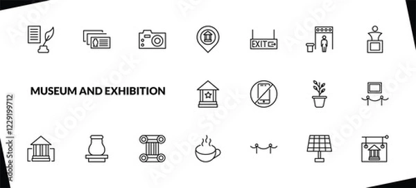 Fototapeta outline museum and exhibition icons set. editable linear postcards, photographic, museum map, and other 15 icons in this category isolated on transparent background.
