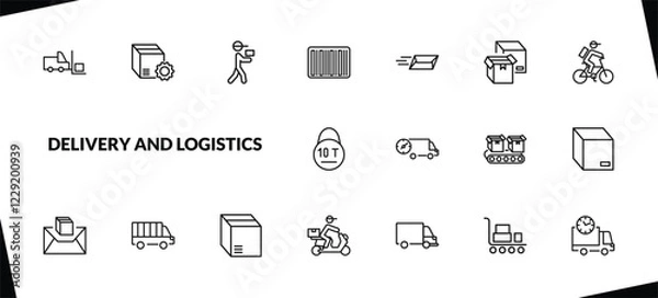 Fototapeta outline delivery and logistics icons set. editable linear delivery tings, courier, bar code, and other 15 icons in this category isolated on transparent background.