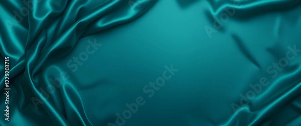 Fototapeta Beautiful green blue silk satin background. Wavy folds on shiny fabric. Luxury dark teal background with space for design. Web banner. Flat lay, table top view. Birthday, Christmas, Valentine
