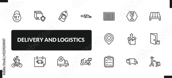 Fototapeta outline delivery and logistics icons set. editable linear delivery shield, delivery tag, by car, and other 14 icons in this category isolated on transparent background.