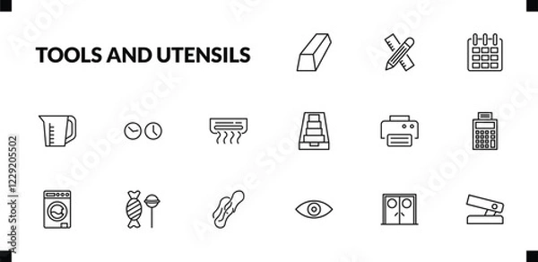 Fototapeta outline tools and utensils icons set. editable linear carpentry, calendar page, pitcher with levels, and other 12 icons in this category isolated on transparent background.