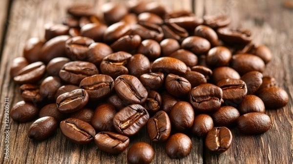 Fototapeta dark roasted coffee beans scattered across a wooden table, their natural oils shining under soft, warm light that creates a comforting ambiance