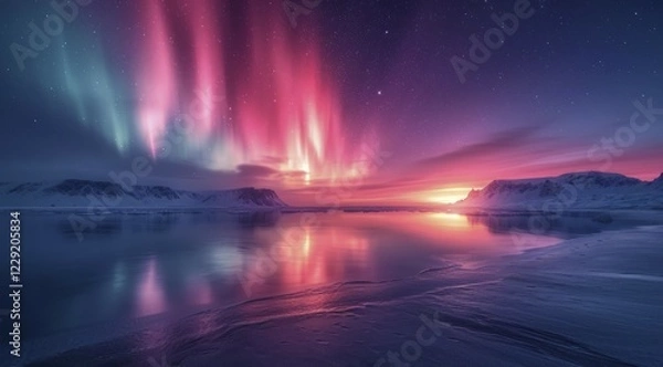 Fototapeta A tranquil arctic sunset with reflections on the ice, intensified by a striking aurora borealis display, AI generated