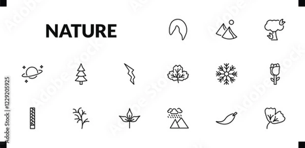 Fototapeta outline nature icons set. editable linear dune, pine tree on fire, planet with satellite, and other 12 icons in this category isolated on transparent background.