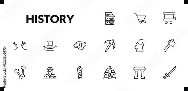Fototapeta outline history icons set. editable linear wheelbarrow, cart, archaeological, and other 12 icons in this category isolated on transparent background.