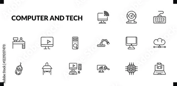 Fototapeta outline computer and tech icons set. editable linear webcamera, keyboard with cable, boss office, and other 12 icons in this category isolated on transparent background.