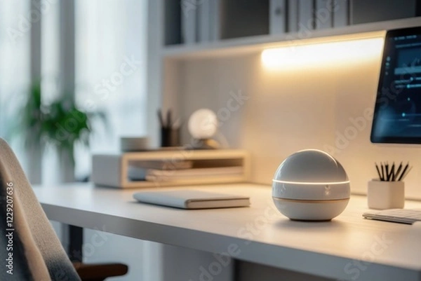 Fototapeta A desk with a computer and a lamp on it