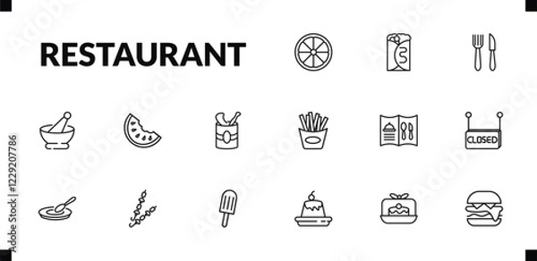 Fototapeta outline restaurant icons set. editable linear crepe and cream, thin knife, mortar with e, and other 12 icons in this category isolated on transparent background.