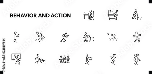 Fototapeta outline behavior and action icons set. editable linear man bathing, man sweeping, man with mobile phone, and other 12 icons in this category isolated on transparent background.
