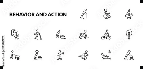 Fototapeta outline behavior and action icons set. editable linear man on wheelchair, shopper man, man painting wall, and other 12 icons in this category isolated on transparent background.