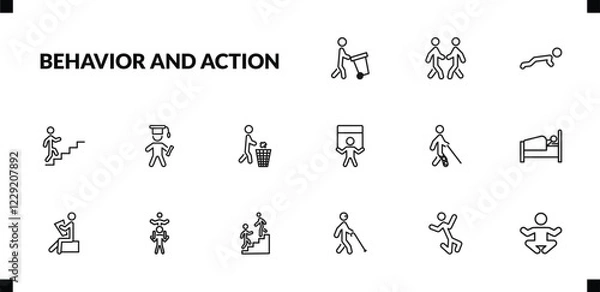 Obraz outline behavior and action icons set. editable linear two men meeting, stick man push up, climbing stairs, and other 12 icons in this category isolated on transparent background.
