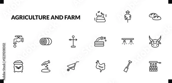 Obraz outline agriculture and farm icons set. editable linear scarecrow, bread, faucet, and other 12 icons in this category isolated on transparent background.