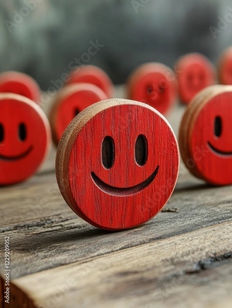 Fototapeta Dissatisfied consumers depicted by red wooden sad face emoticons representing customer dissatisfaction and service rating issues