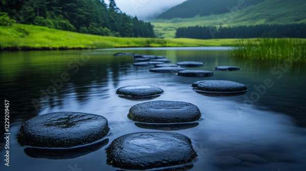 Fototapeta A serene lake with black stones scattered across the shore, surrounded by lush green grass and a few dark green trees in the distance 