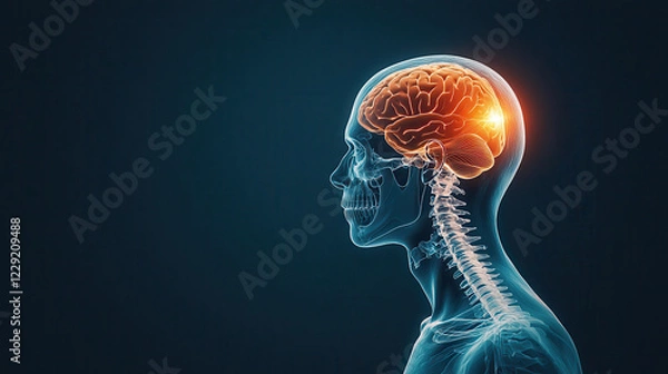 Fototapeta X ray image of human skull and brain, showcasing detailed anatomy and neural activity. glowing brain highlights areas of interest, emphasizing complexity of human body