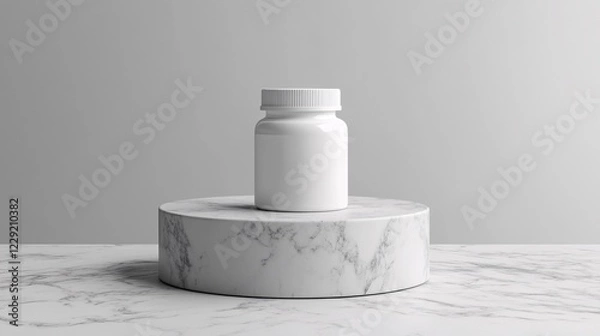 Fototapeta Blank white supplement bottle mockup on a marble podium, minimalistic design ideal for showcasing branding and product labels in a clean, elegant style.