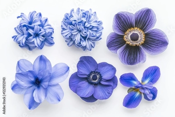 Fototapeta A group of blue flowers arranged on a clean and simple white surface