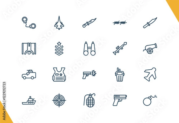 Obraz outline military and war and icons set. editable linear fighter plane, combat knife, barbed, and other 17 icons in this category isolated on transparent background.