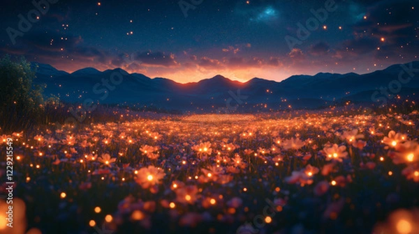 Fototapeta Magical Field Illuminated by Fireflies