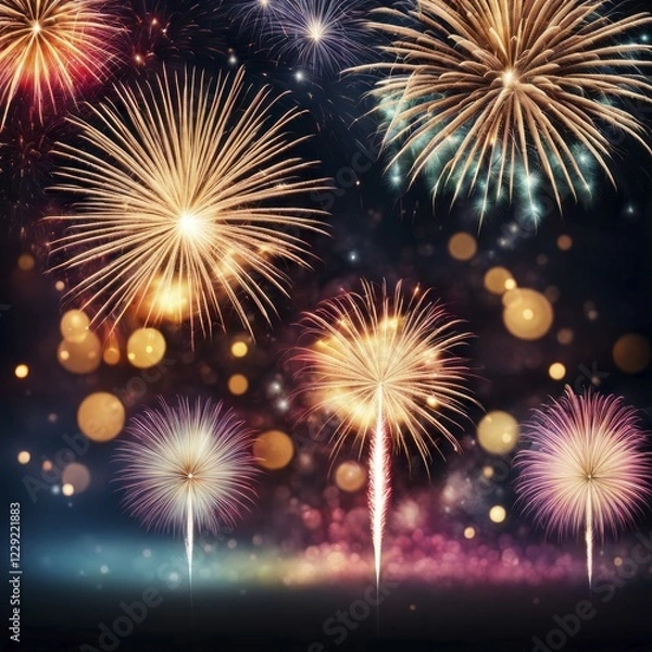 Fototapeta An array of colorful fireworks light up the night sky against a backdrop of bokeh lights, AI generated