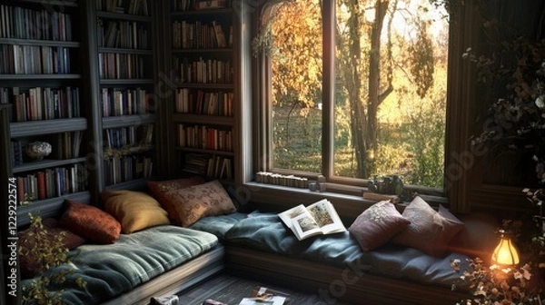 Obraz reading nook by a large window, filled with cushions, bookshelves, and the soft glow of natural light