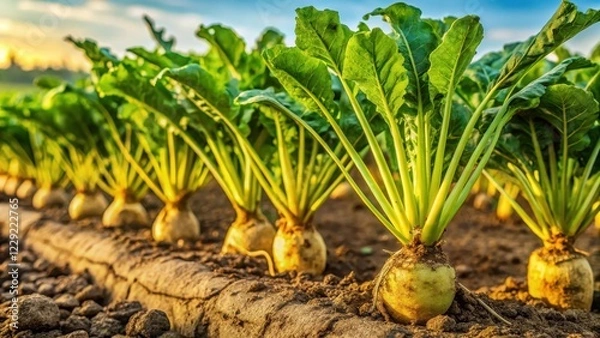 Fototapeta Dense rows of sugar beet roots growing in a cultivated field with yellowish-brown soil and green foliage , crop