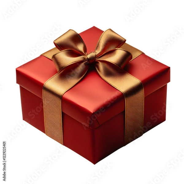 Fototapeta Red gift Box with golden Ribbon isolated on transparent white background, pen tool, clipping path.

