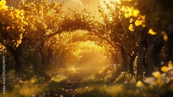 Fototapeta Autumn morning in the forest with sunlight on water and colorful leaves along a peaceful path