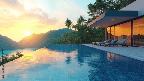 Obraz Infinity pool overlooking tropical sunset with ocean view and modern villa