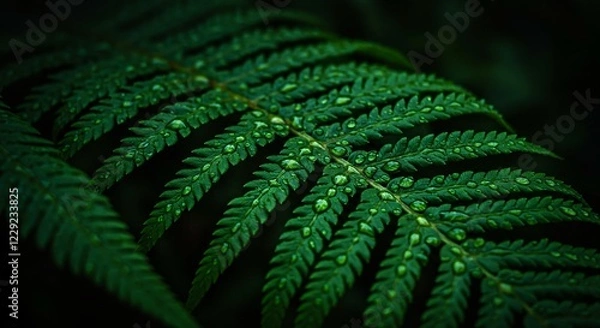 Fototapeta Close-up of a vibrant green fern leaf with water droplets, symbolizing freshness, nature, purity, and tranquility, perfect for botanical, rainforest, wellness, eco-friendly, and environmental concepts