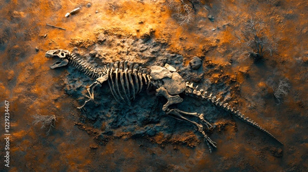 Fototapeta Aerial view of dinosaur bones lying in a barren desert landscape illuminated by golden light